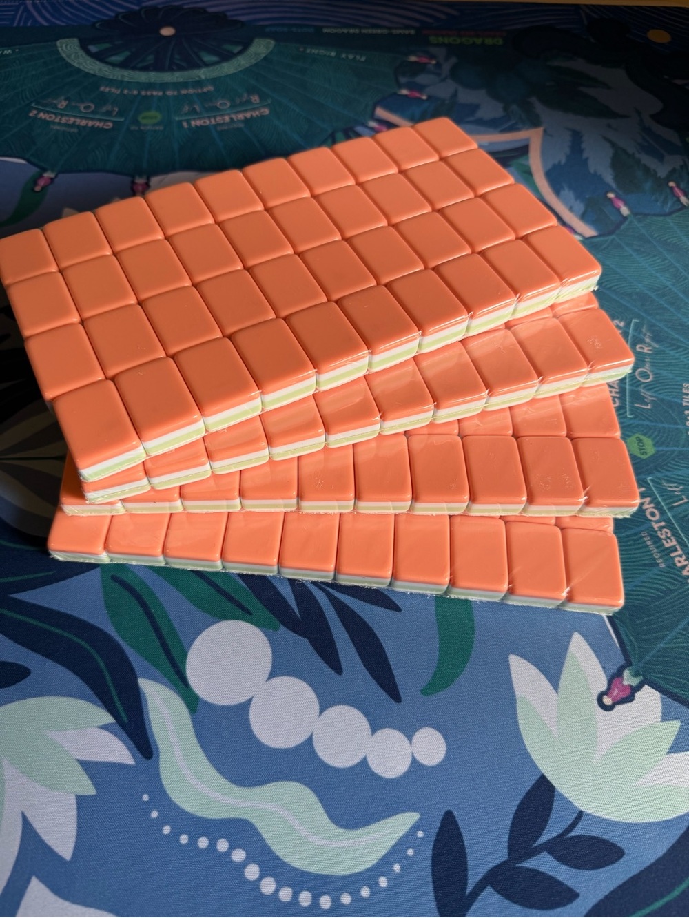 Coral Pink, Green and Light Blue Mahjong Tiles